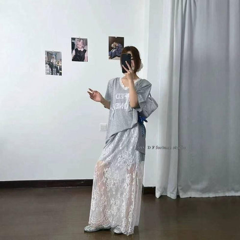 Spring Trendy Aesthetic Lacey Skirt With T-Shirts Sets